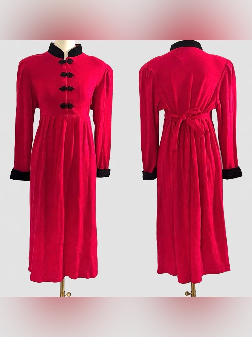 VTG California Gold Rush Red Frog Button Mandarin Collar Holiday Midi Dress sz M